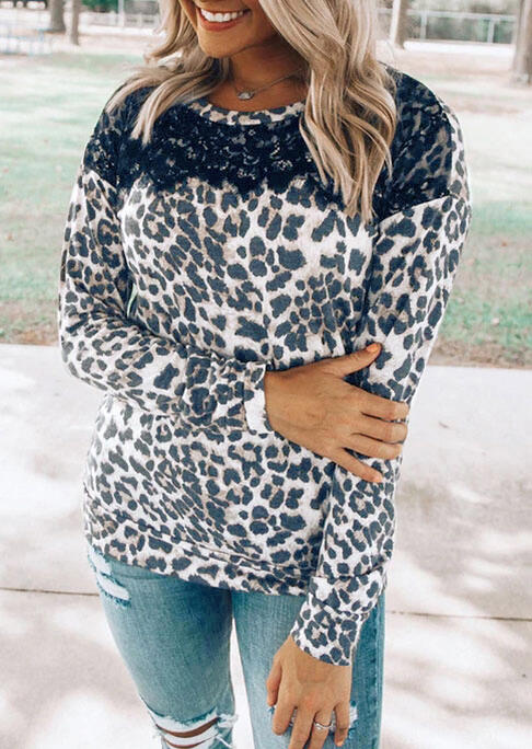 Leopard Lace Splicing Long Sleeve Blouse