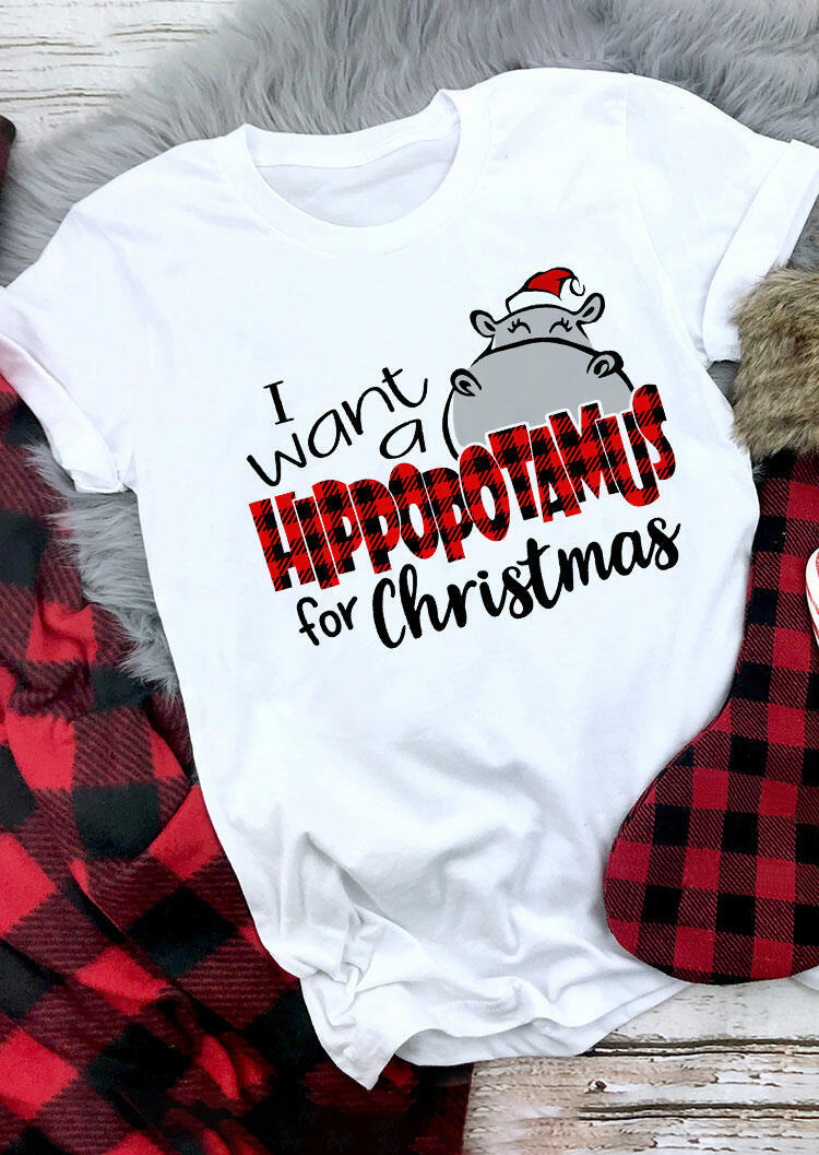 I Want A Hippopotamus For Christmas Buffalo Plaid T-Shirt Tee - White