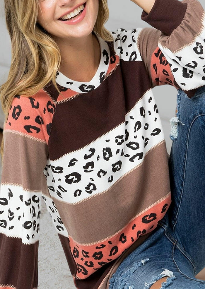 

Blouses Colorful Leopard Splicing Long Sleeve Blouse in Multicolor. Size