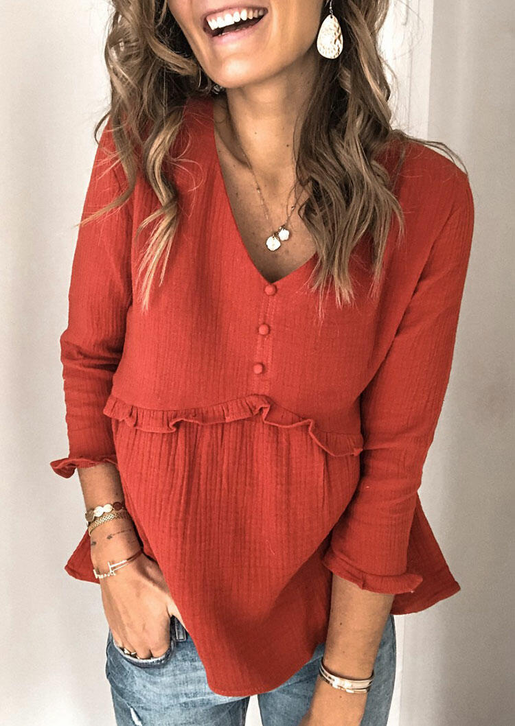 

Blouses Ruffled Dotted V-Neck Casual Blouse in Brick Red. Size
