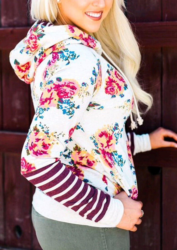 

Hoodies Floral Striped Splicing Drawstring Pocket Hoodie in White. Size: ,M,L