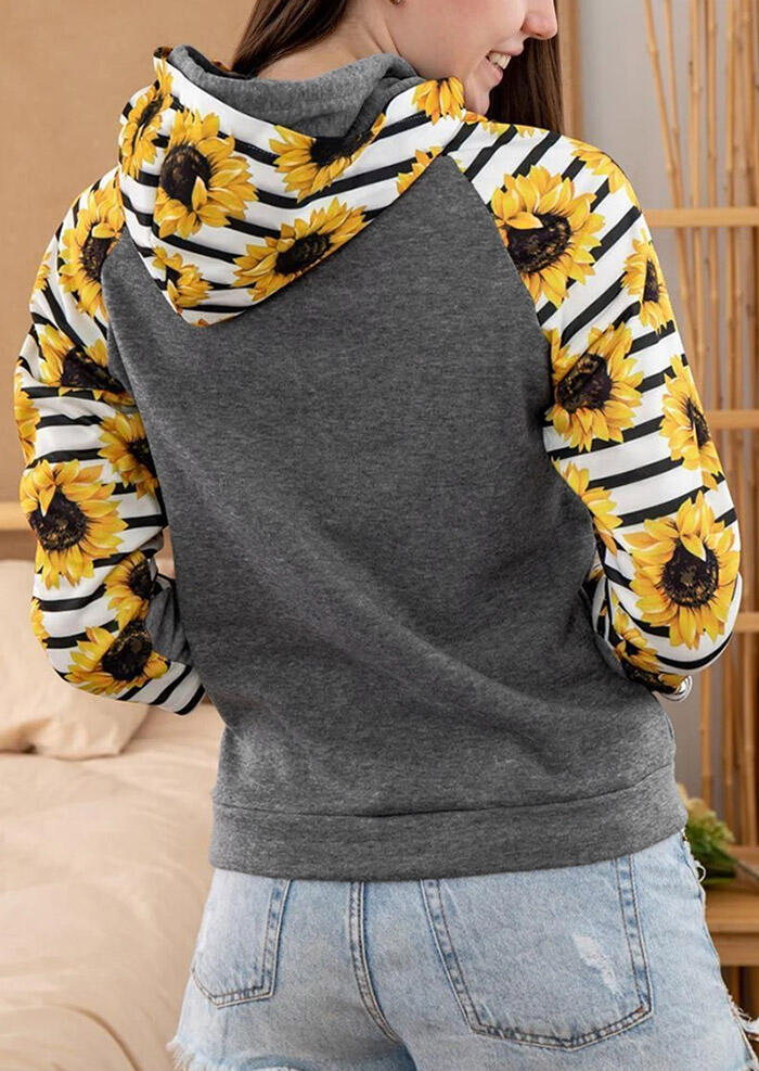 

Striped Sunflower Zipper Drawstring Thumbhole Hoodie - Gray, 484005