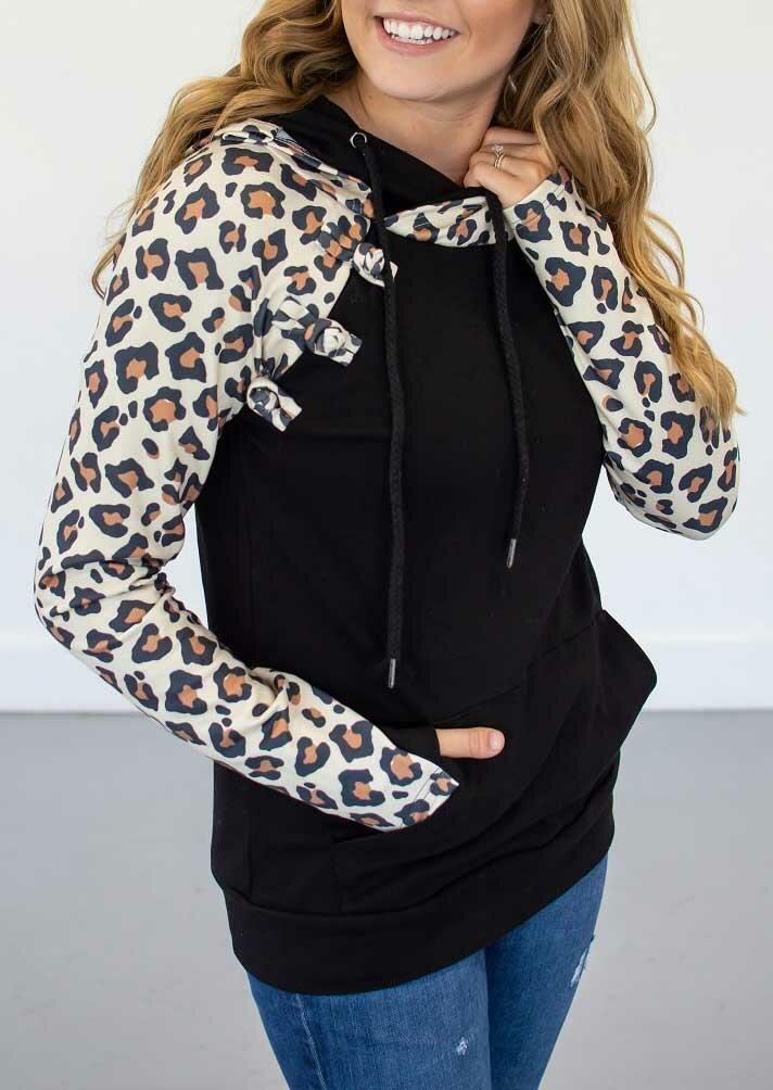 

Hoodies Leopard Splicing Button Kangaroo Pocket Drawstring Hoodie in Black. Size: ,M,L