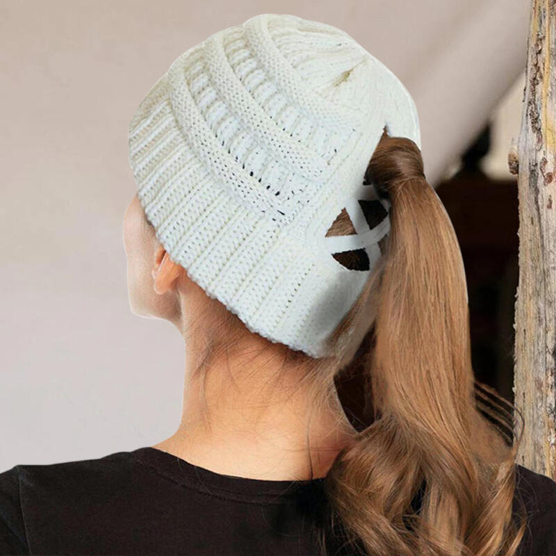 Winter Warm Criss-Cross Knitted Ponytail Beanie Hat