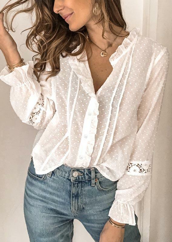 

Shirts Dotted Swiss Lace Ruffled Edge Elastic Cuff Shirt in White. Size