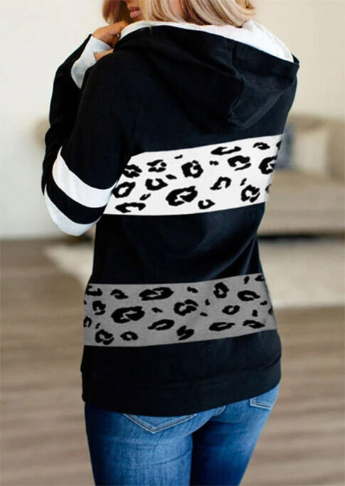 

Hoodies Color Block Leopard Zipper Long Sleeve Hoodie in Black. Size