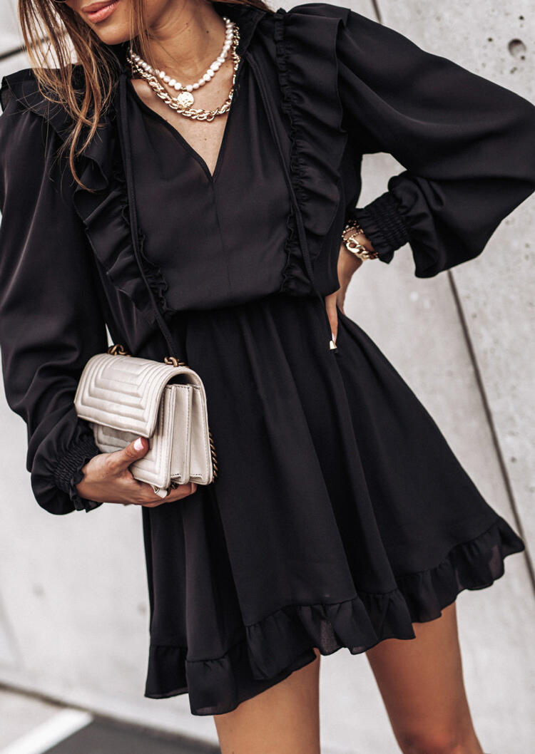 

Mini Dresses Ruffled Elastic Waist V-Neck Mini Dress in Black. Size: S,M,,XL