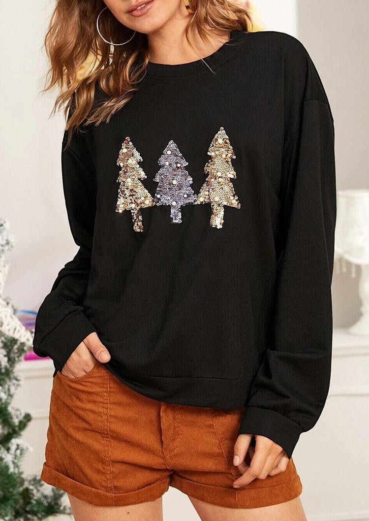 Christmas Tree Sequined Long Sleeve Sweatshirt Black Fairyseason