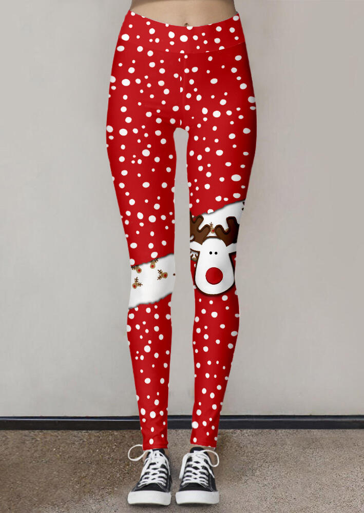 

Christmas Reindeer Polka Dot Fitness Activewear Leggings - Red, 487484