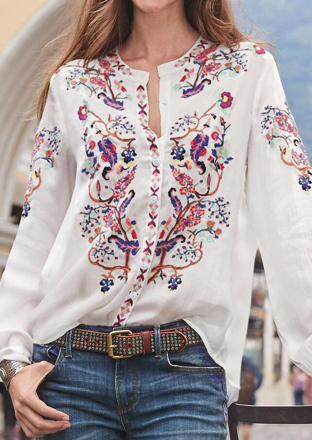 

Blouses Floral Button Long Sleeve O-Neck Blouse in White. Size