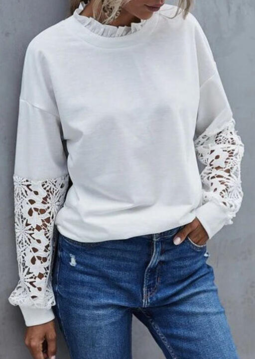

Blouses Lace Splicing Hollow Out Ruffled Long Sleeve Blouse in White. Size