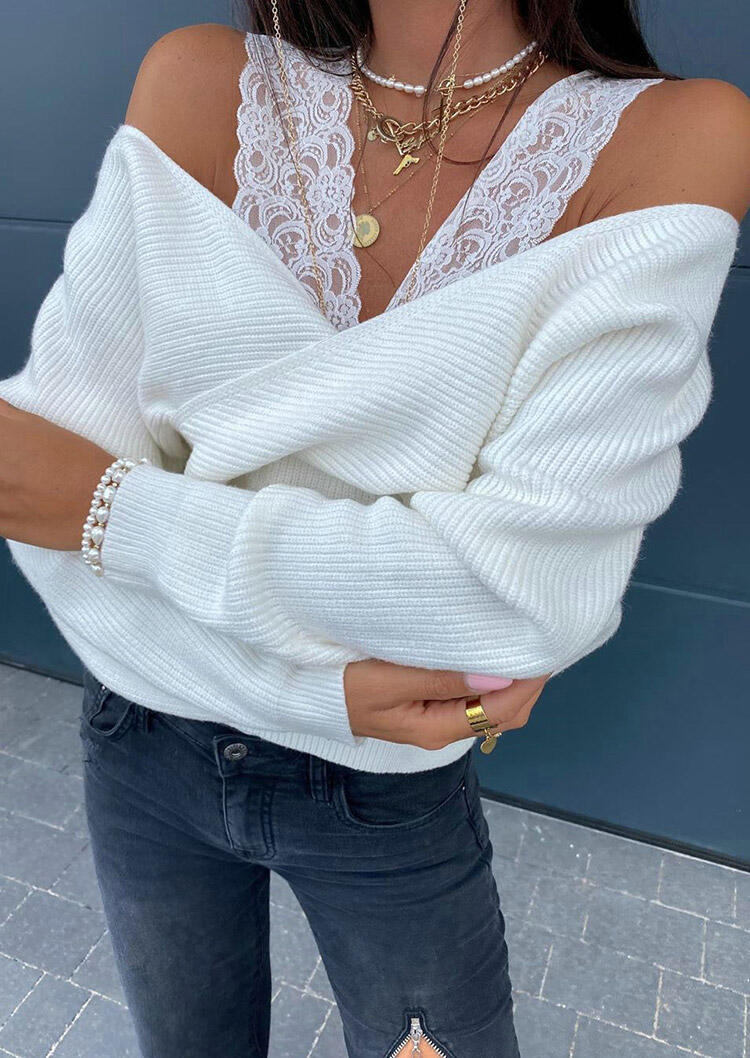

Blouses Lace Splicing Wrap Off Shoulder Blouse in White. Size
