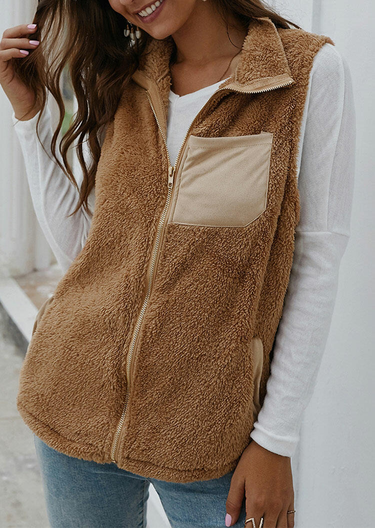 

Coats Warm Plush Pocket Zipper Sleeveless Vest Coat in Brown. Size
