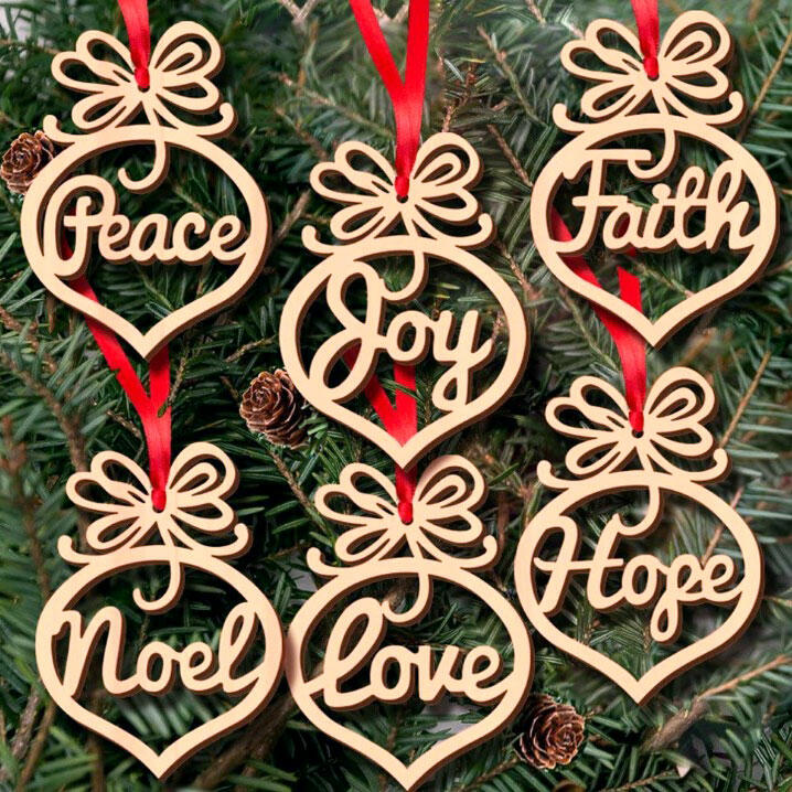 

6Pcs Christmas Tree Hollow Out Wooden Word Peach Ornament, Beige, 487519