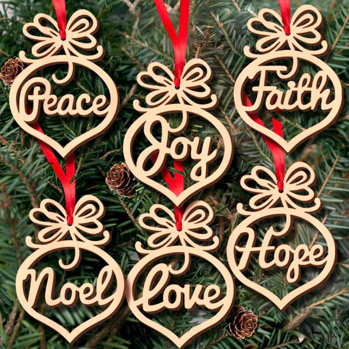 6Pcs Christmas Tree Hollow Out Wooden Word Peach Ornament