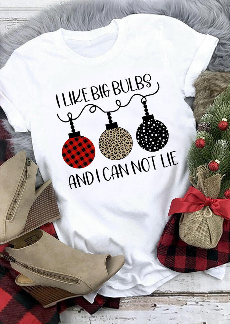 

Christmas Buffalo Plaid Leopard I Like Big Bulbs T-Shirt Tee - White, 486345