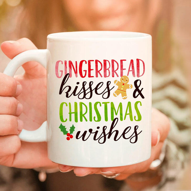 

Gingerbread Kisses And Christmas Wishes Mug in White. Size