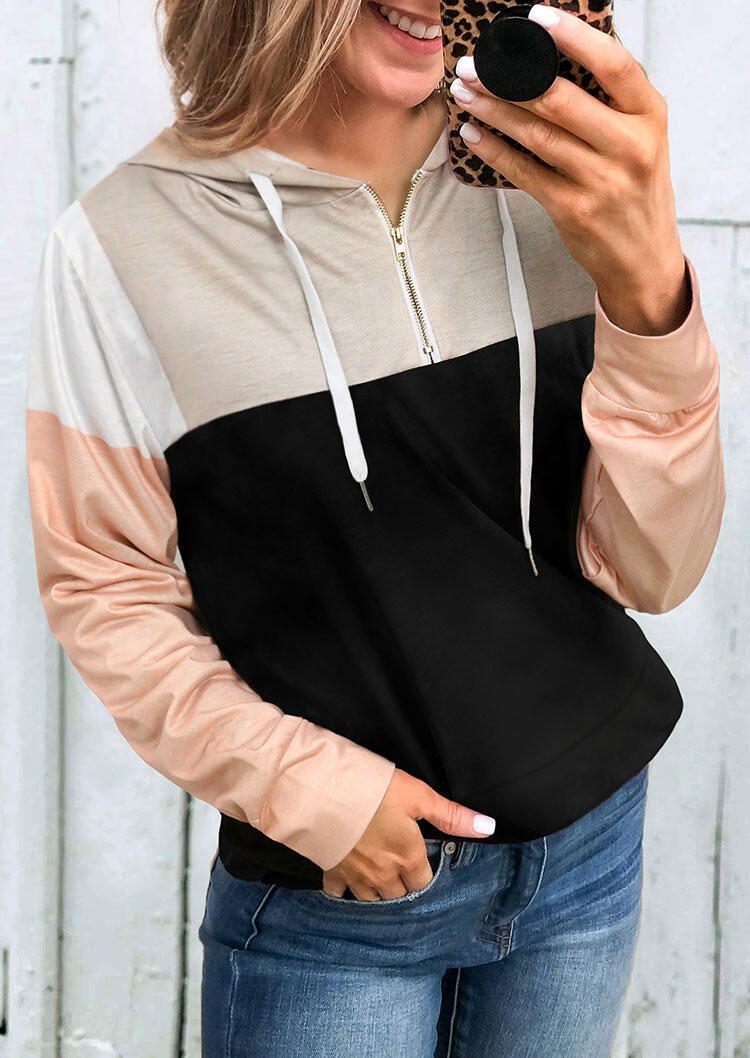 

Blouses Color Block Zipper Collar Drawstring Hooded Blouse in Multicolor. Size: ,M