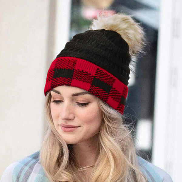 

Hats Plaid Splicing Winter Warm Knitted Hairball Hat in White. Size