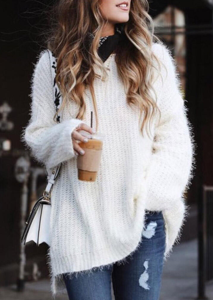 

Sweaters Warm Long Sleeve Asymmetric Plush Knitted Sweater in White. Size