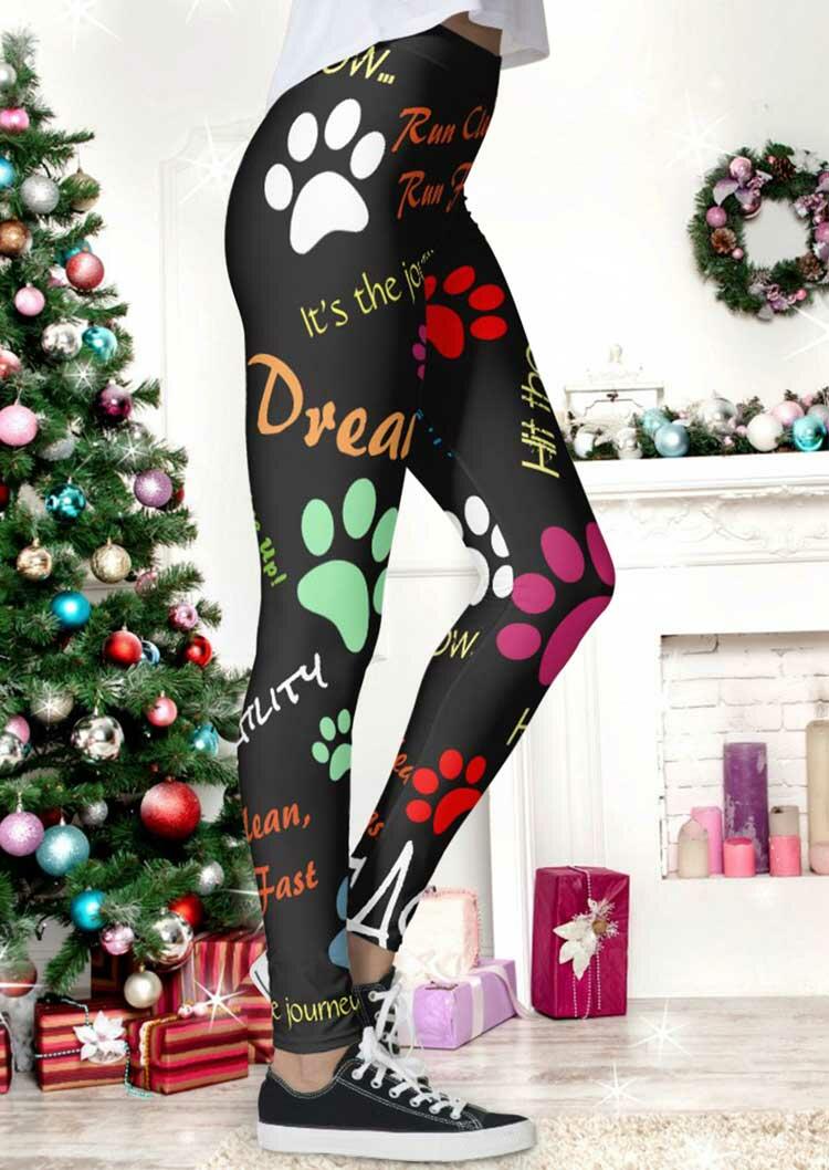 Christmas Dog Paw Letter Graphic Elastic Waist Leggings - Black