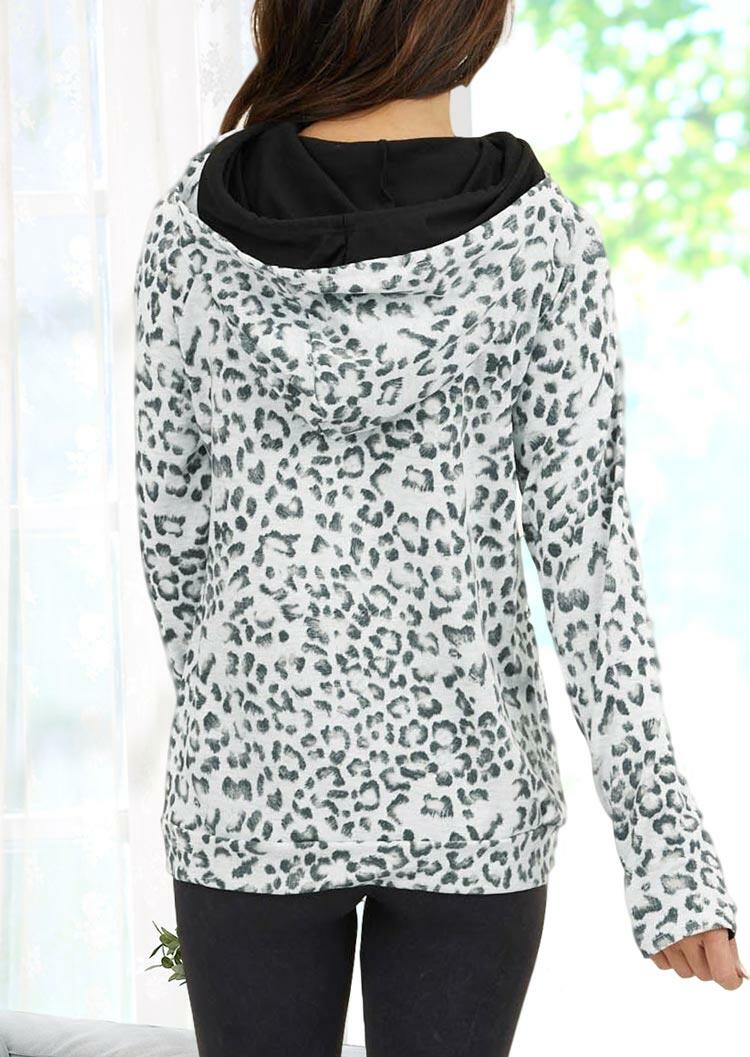 

Hoodies Leopard Drawstring Long Sleeve Pullover Hoodie in White. Size