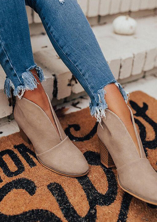 Slip On Chunky Heel Round Toe Ankle Boots - Khaki, 487546
