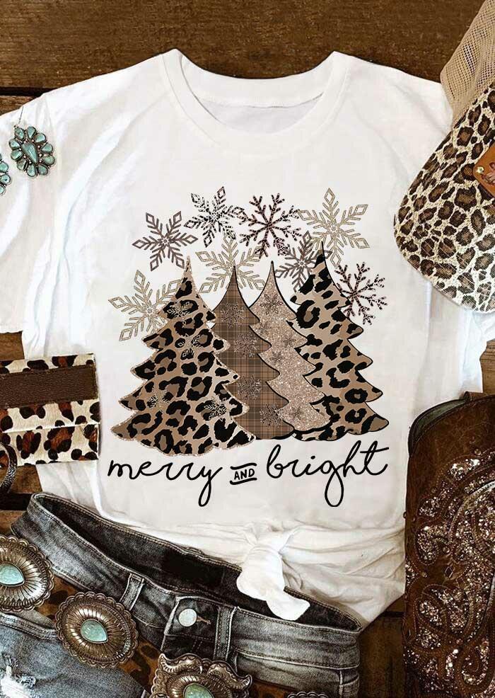 Leopard Christmas Tree Snowflake Merry And Bright T-Shirt Tee - White