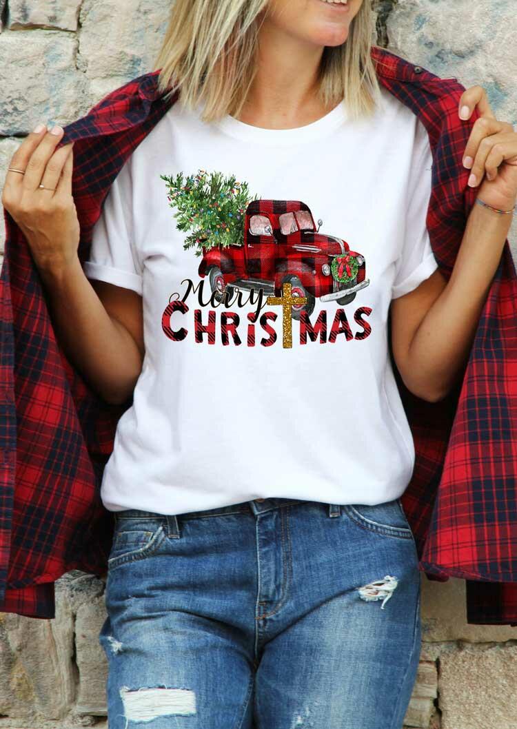 Merry Christmas Tree Buffalo Plaid Truck T-Shirt Tee - White