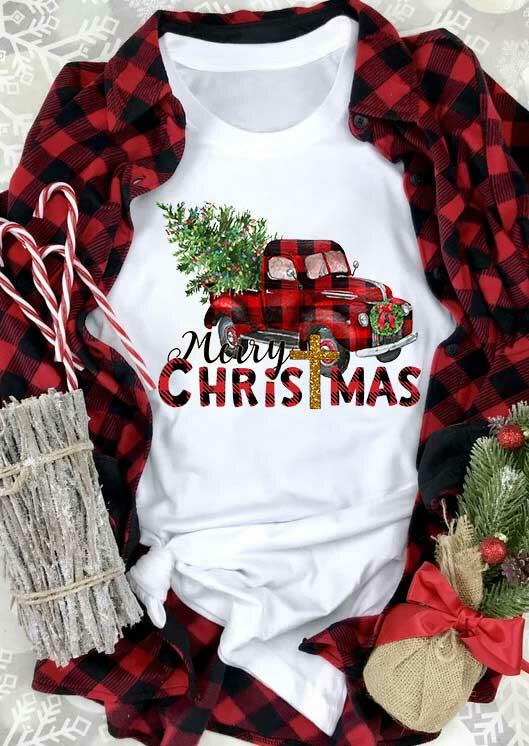 Merry Christmas Tree Buffalo Plaid Truck T-Shirt Tee - White