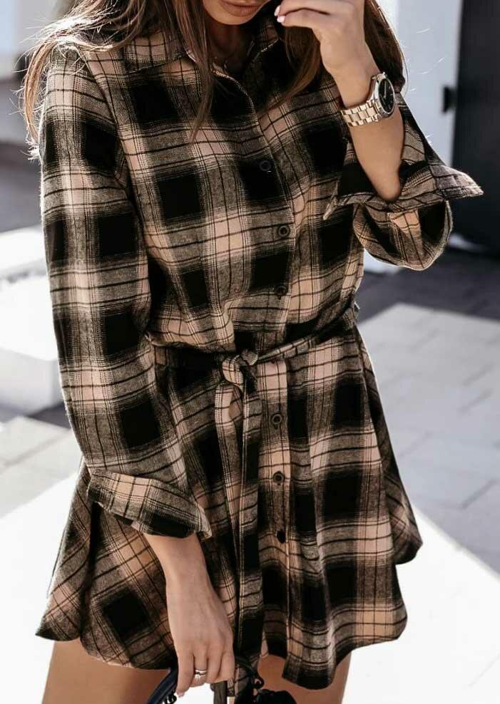 

Plaid Button Turn-Down Collar Mini Shirt Dress, 487597