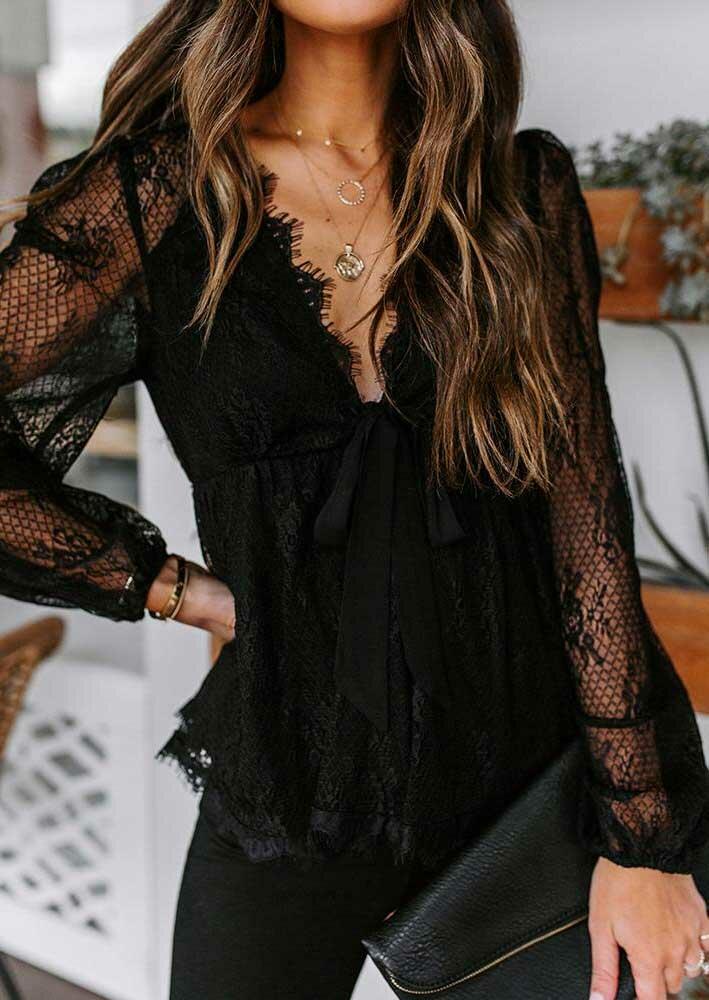 

Blouses Lace Splicing Tie Tassel Edge V-Neck Blouse in Black. Size