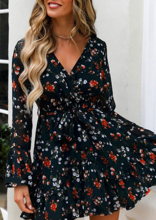 

Floral Ruffled V-Neck Tie Mini Dress - Black, 487613