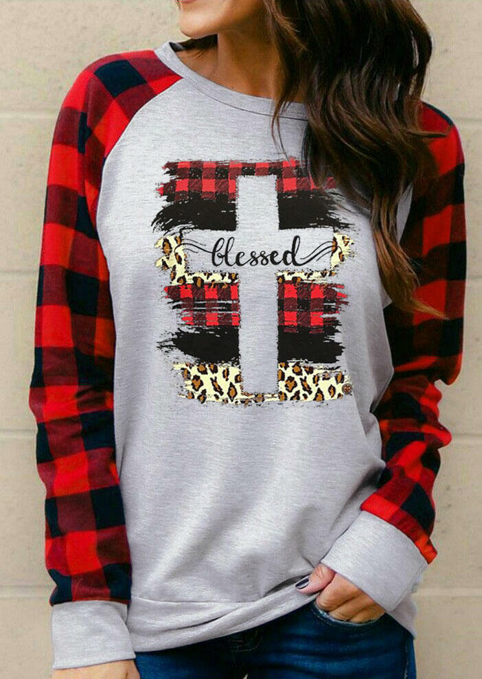 

Thanksgiving Leopard Buffalo Plaid Blessed Cross T-Shirt Tee - Light Grey, 486425