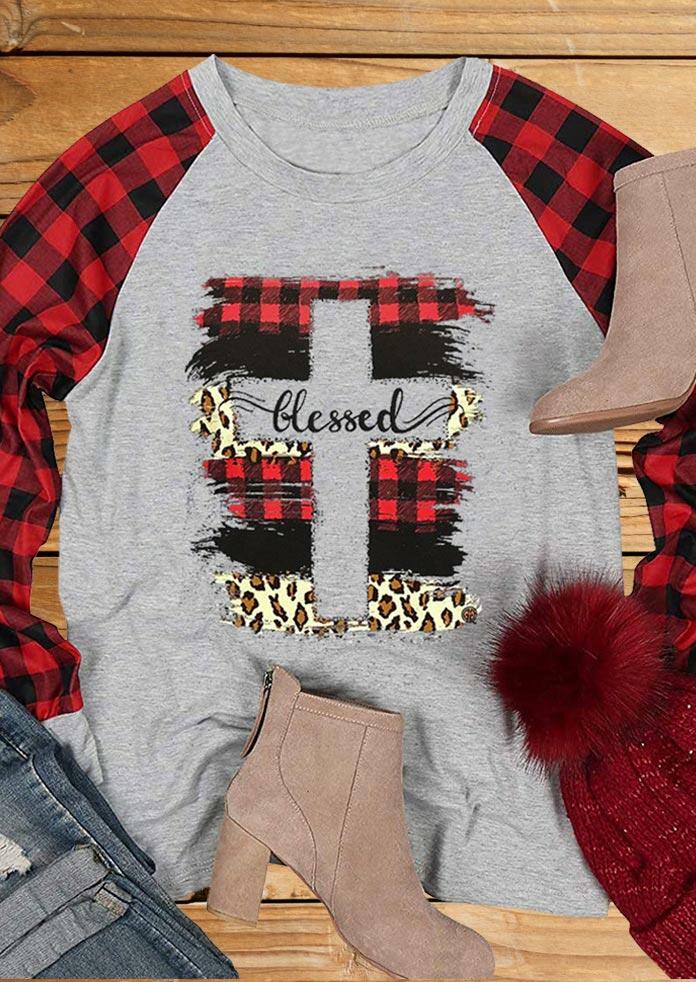 

T-shirts Leopard Buffalo Plaid Blessed Cross T-Shirt Tee in Light Grey. Size