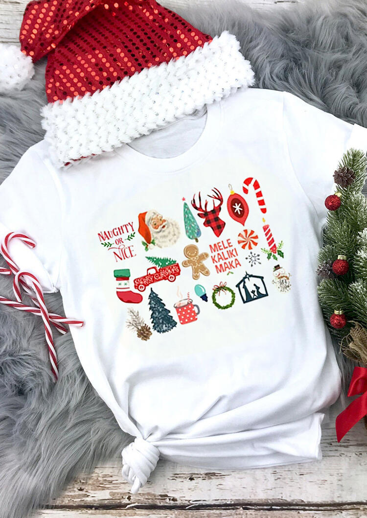Christmas Plaid Reindeer Santa Snowman Graphic T-Shirt Tee - White