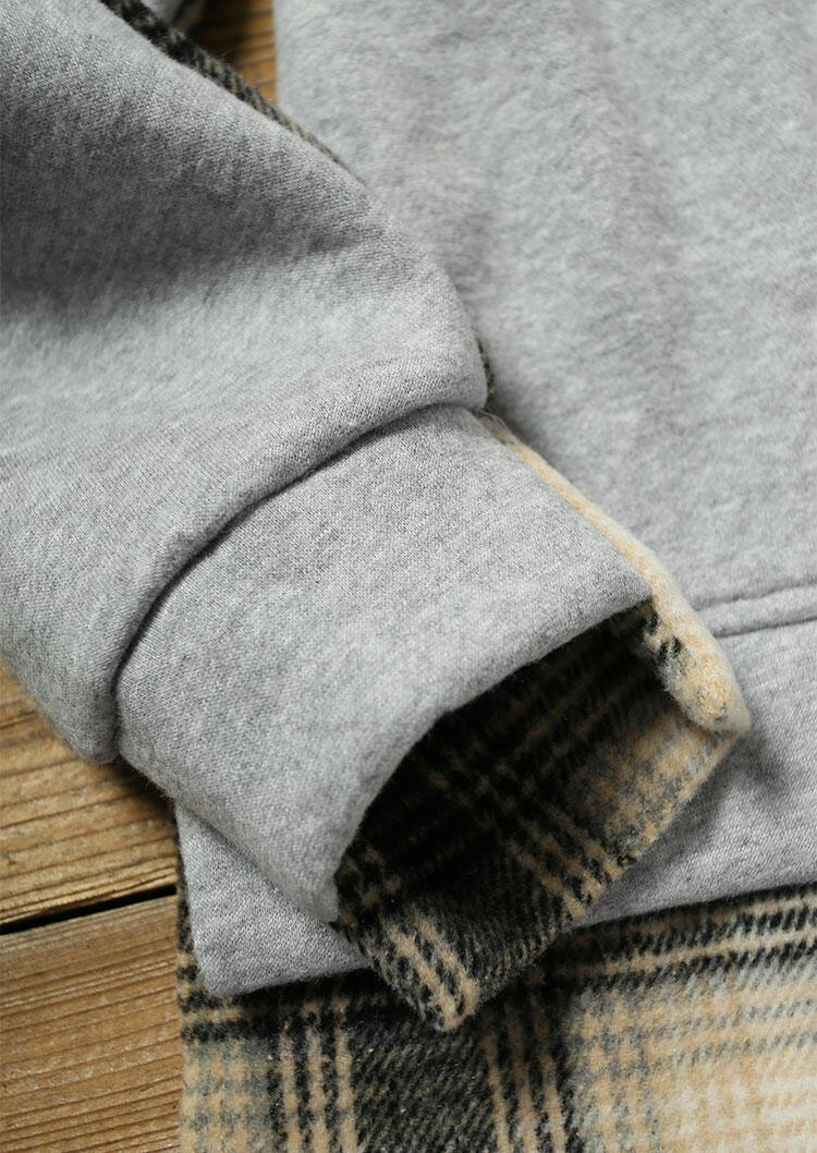 

Hoodies Plaid Splicing Drawstring Long Sleeve Pullover Hoodie in Gray. Size