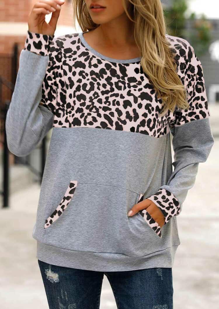 

Sweatshirts Leopard Splicing Kangaroo Pocket Sweatshirt in Light Grey. Size