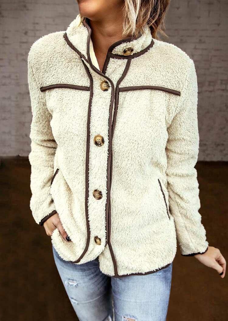 

Coats Button Pocket Plush Stand Collar Long Sleeve Coat in Beige. Size