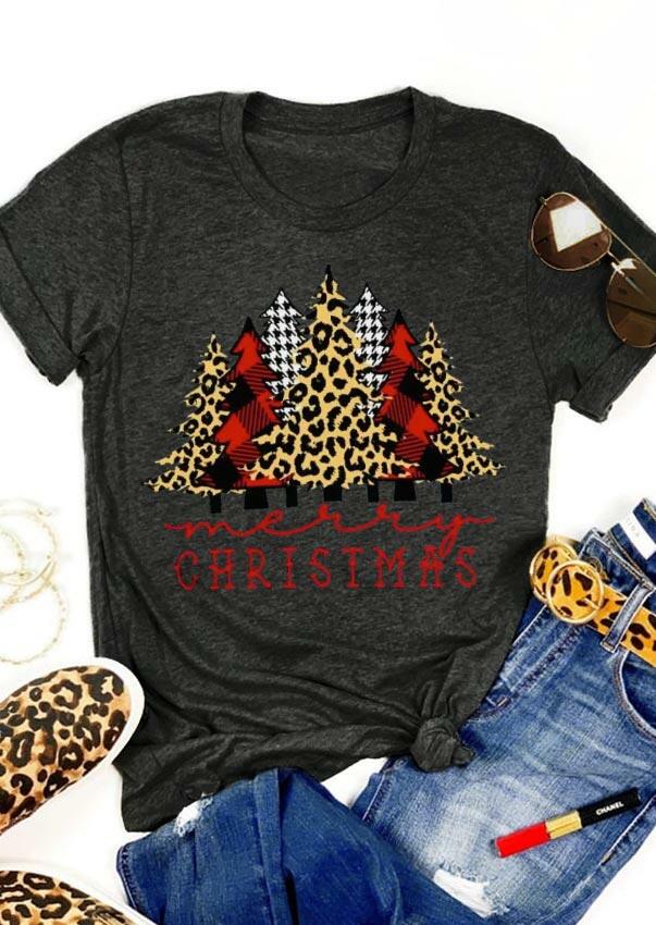 

Tees T-shirts Merry Christmas Plaid Leopard Trees T-Shirt Tee in Dark Grey. Size