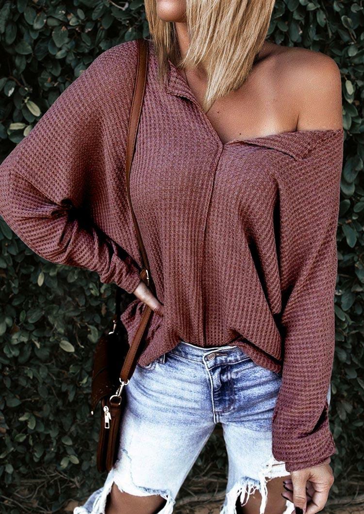 Waffle V-Neck Batwing Sleeve Casual Blouse - Cameo Brown