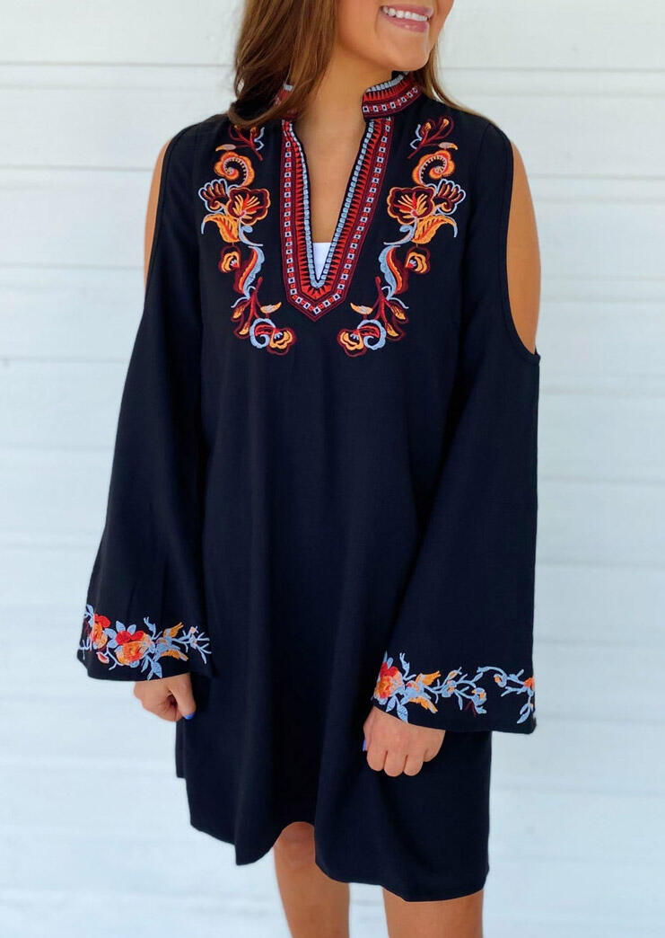 

Mini Dresses Vintage Floral Cold Shoulder V-Neck Mini Dress in Navy Blue. Size: S,M,,XL
