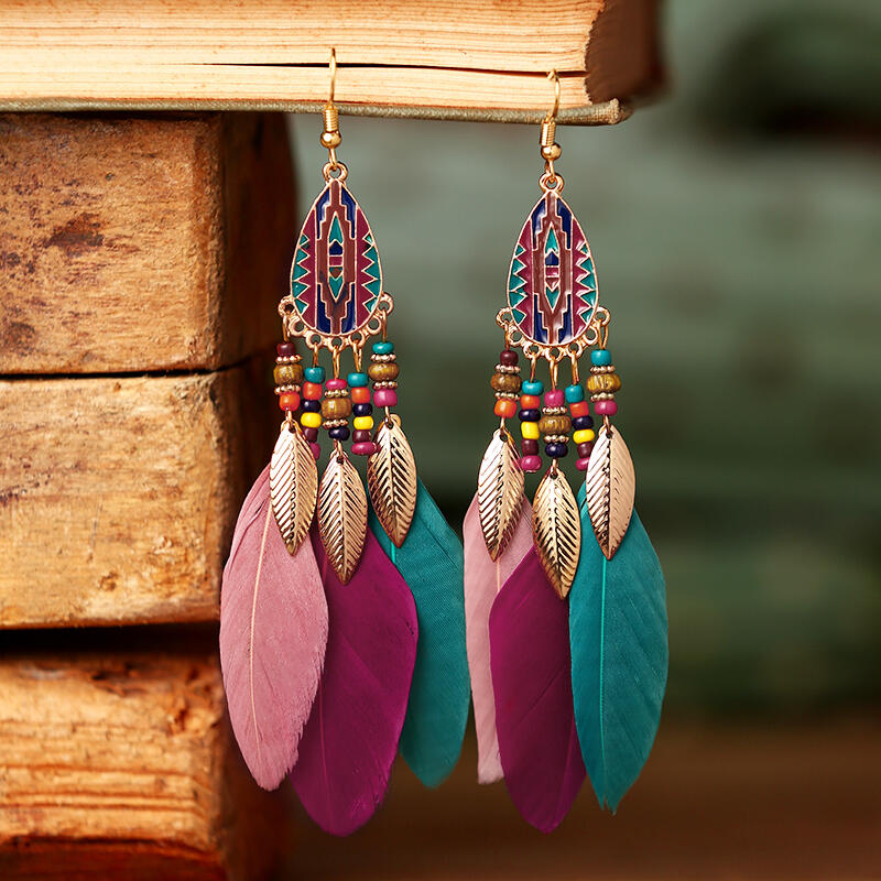 

Vintage Bohemian Beading Feather Tassel Earrings, Purple;white;multicolor, 487122