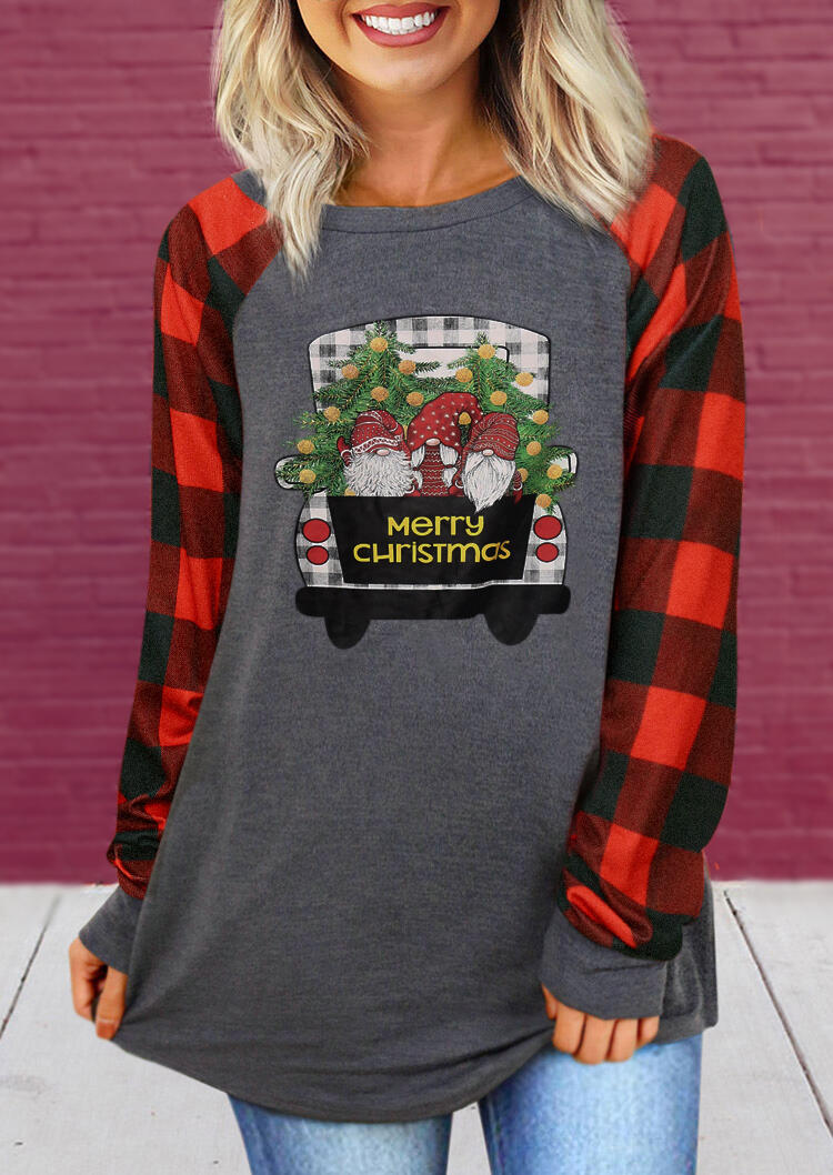 

T-shirts Tees Merry Christmas Truck Gnomies Plaid Splicing T-Shirt Tee in Gray. Size