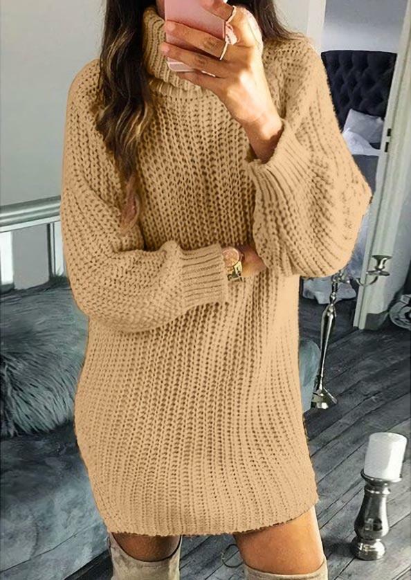 

Mini Dresses Turtleneck Raglan Sleeve Knitted Sweater Mini Dress in Khaki. Size: S,M,,XL