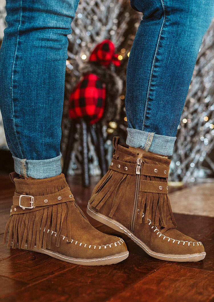 

Rivet Tassel Zipper Western Flat Ankle Boots - Brown, 487701