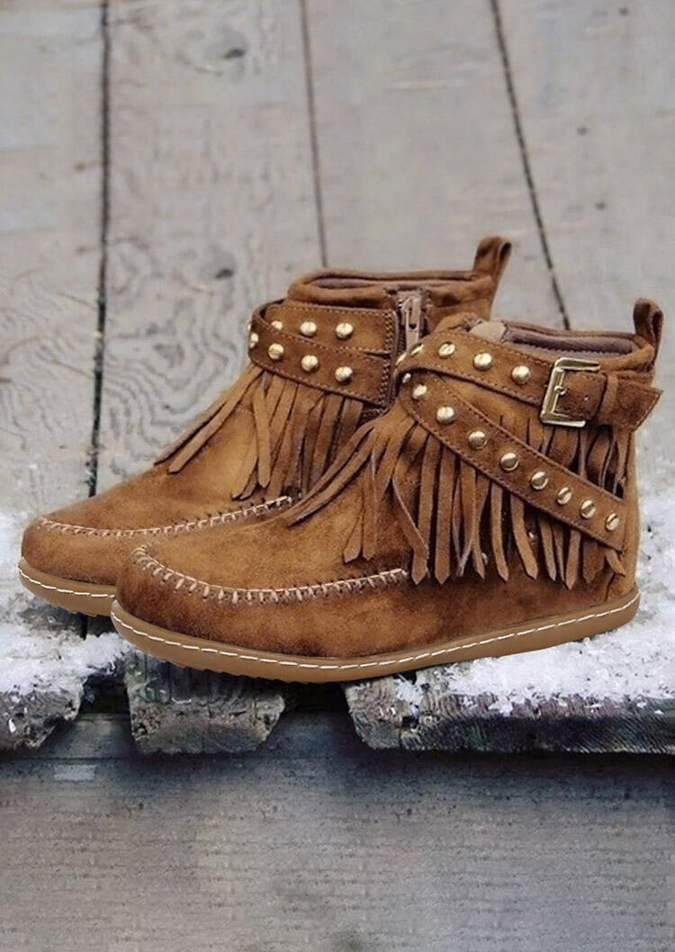 

Boots Rivet Tassel Zipper Western Flat Ankle Boots in Brown. Size