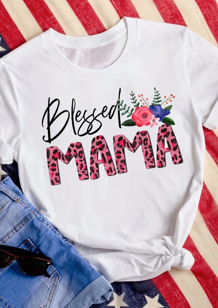 

Thanksgiving Blessed Mama Leopard Floral T-Shirt Tee - White, 487711