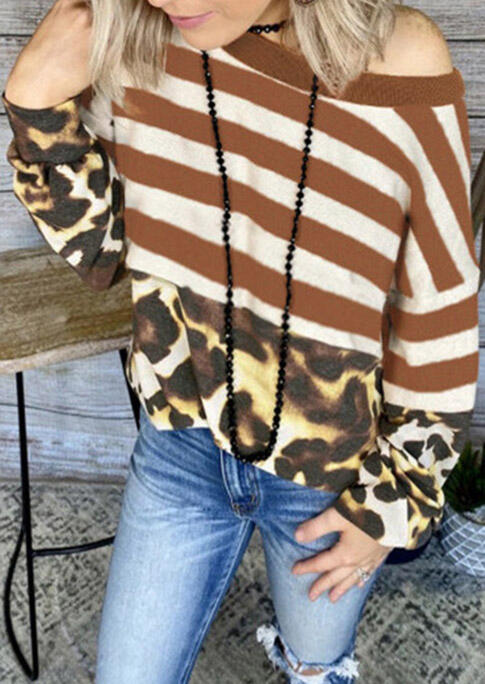 

Blouses Striped Leopard Splicing Long Sleeve Blouse in Stripe. Size