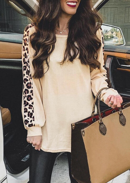 

Blouses Leopard Splicing Long Sleeve Blouse in Apricot. Size: S,M